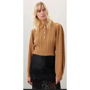 EUC Ronny Kobo Wool Blend Cropped Camel Brown Sweater Rhinestone Buttons Sz Med
